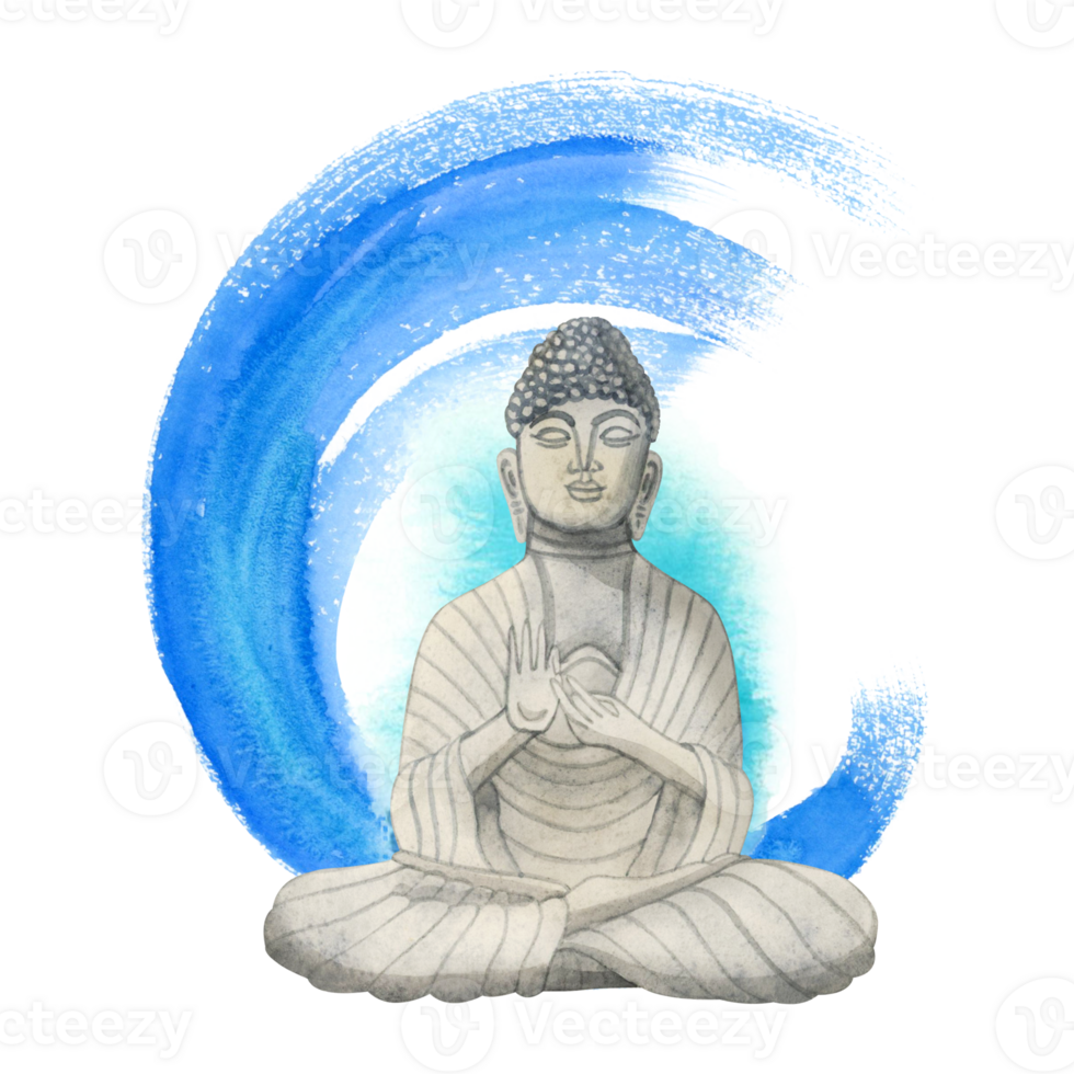 Buddha with sky blue round brush stroke hand drawn watercolor illustration. Meditation clipart for yoga and Buddhism designs png