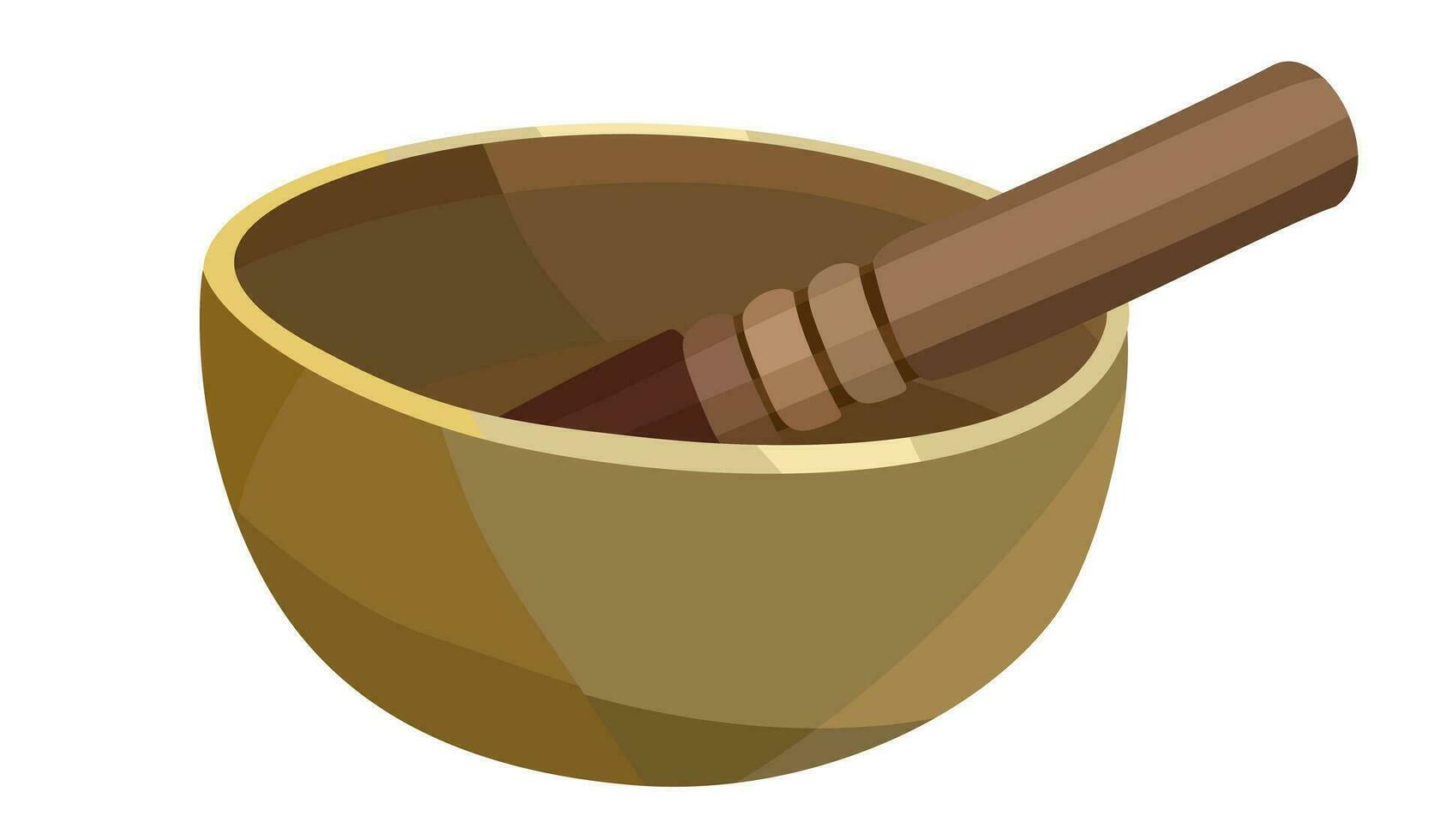 Singing bowl with wooden stick on it. Healing and meditation instrument. Yoga concept. Vector isolated illustration