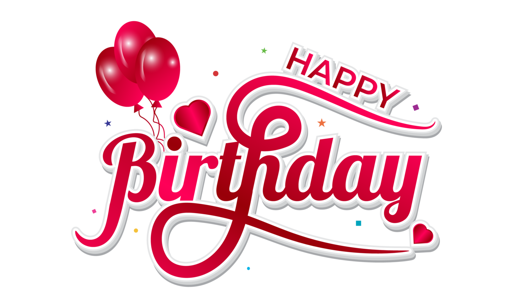 Happy birthday red typography text with balloons and hearts illustration png
