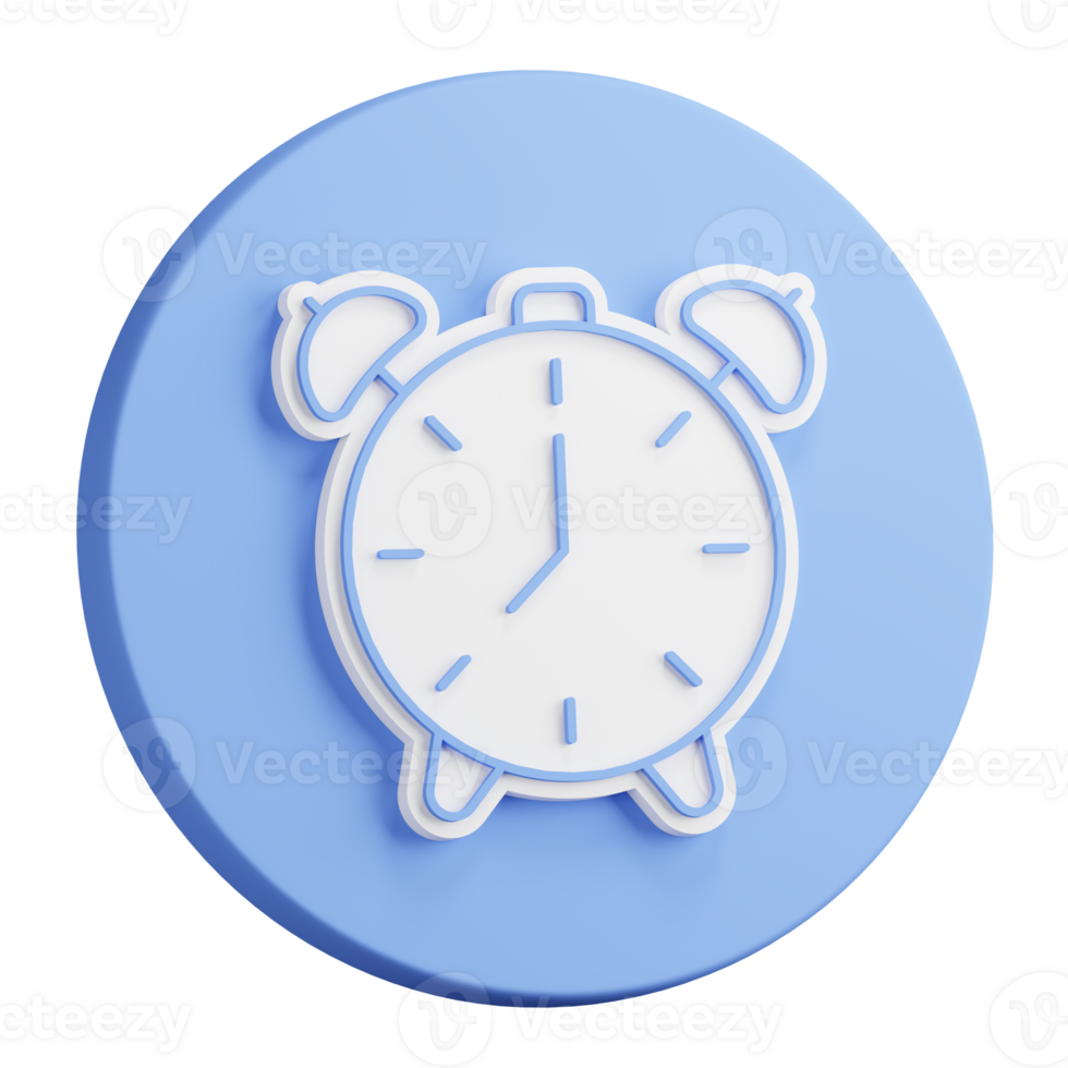 3D rendering of alarm clock circle plastic icon. Mechanical watch for measuring time. Realistic blue white PNG illustration isolated on transparent background