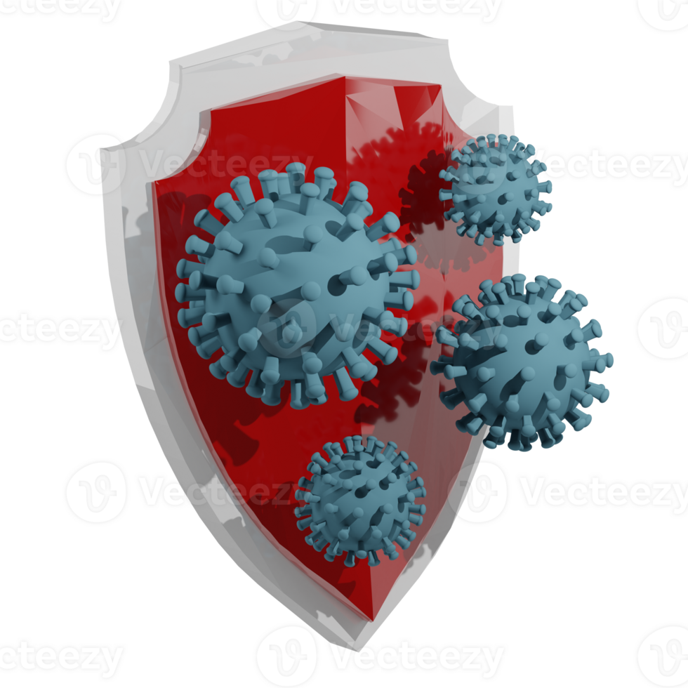 3D rendering of red crystal viruses and bacteria attack strong shield. Prevention of infection with dangerous diseases. Realistic PNG illustration isolated on transparent background