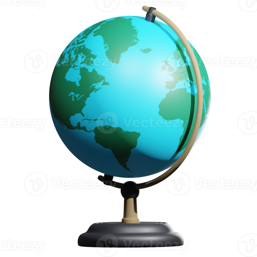 3D rendering of school globe on wooden stand front view. Studying geography of countries and continents at school. Realistic PNG illustration isolated on transparent background