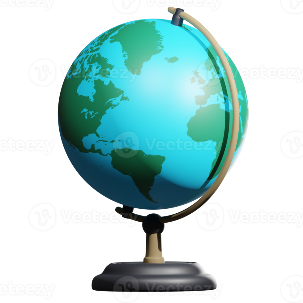 3d representación de colegio globo en de madera estar frente vista. estudiando geografía de países y continentes a escuela. realista png ilustración aislado en transparente antecedentes