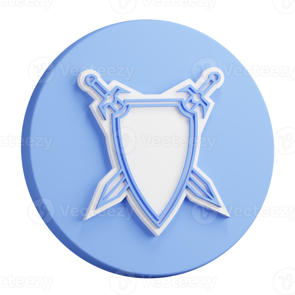 3D button rendering of pair of crossed knight swords against background of shield. Emblem of old royal family. Realistic blue white PNG illustration isolated on transparent background