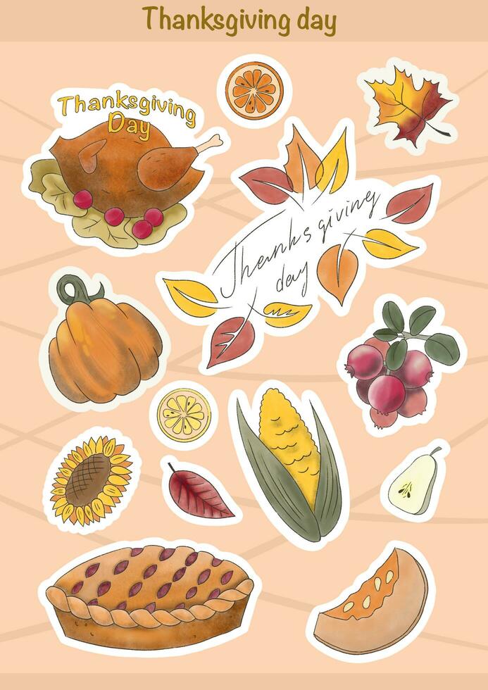 Thanksgiving stickers. icon set of autumn elements with roast turkey, cartoon pumpkin food, pie. Happy Thanksgiving day. Harvest festival. Autumn greeting card photo