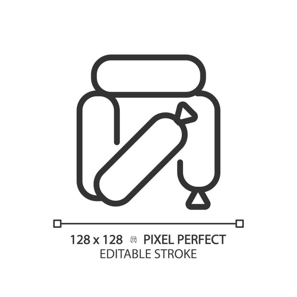 Sausage pixel perfect linear icon. Meat product. Fast food. Pork bratwurst. Hot dog. Barbecue menu. Meal prep. Thin line illustration. Contour symbol. Vector outline drawing. Editable stroke