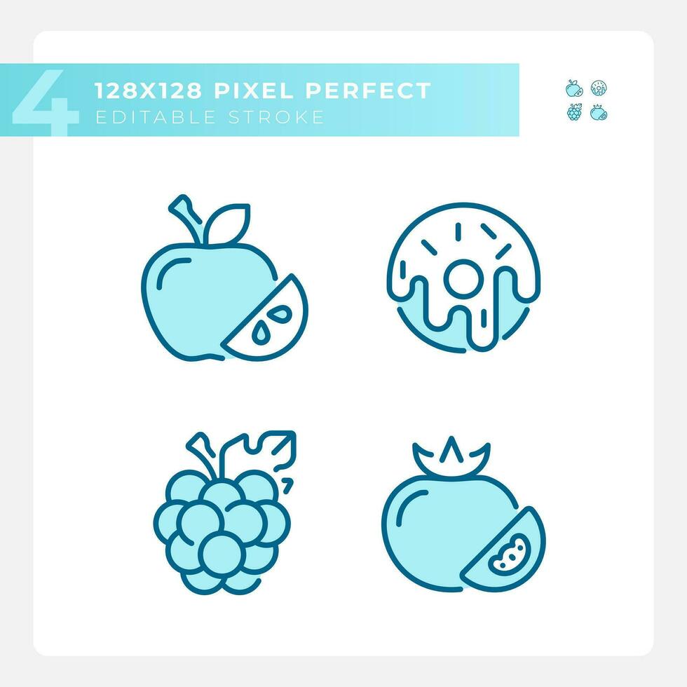 Supermarket items pixel perfect blue RGB color icons set. Eating habits. Grocery list. Vegetarian food. Isolated vector illustrations. Simple filled line drawings collection. Editable stroke