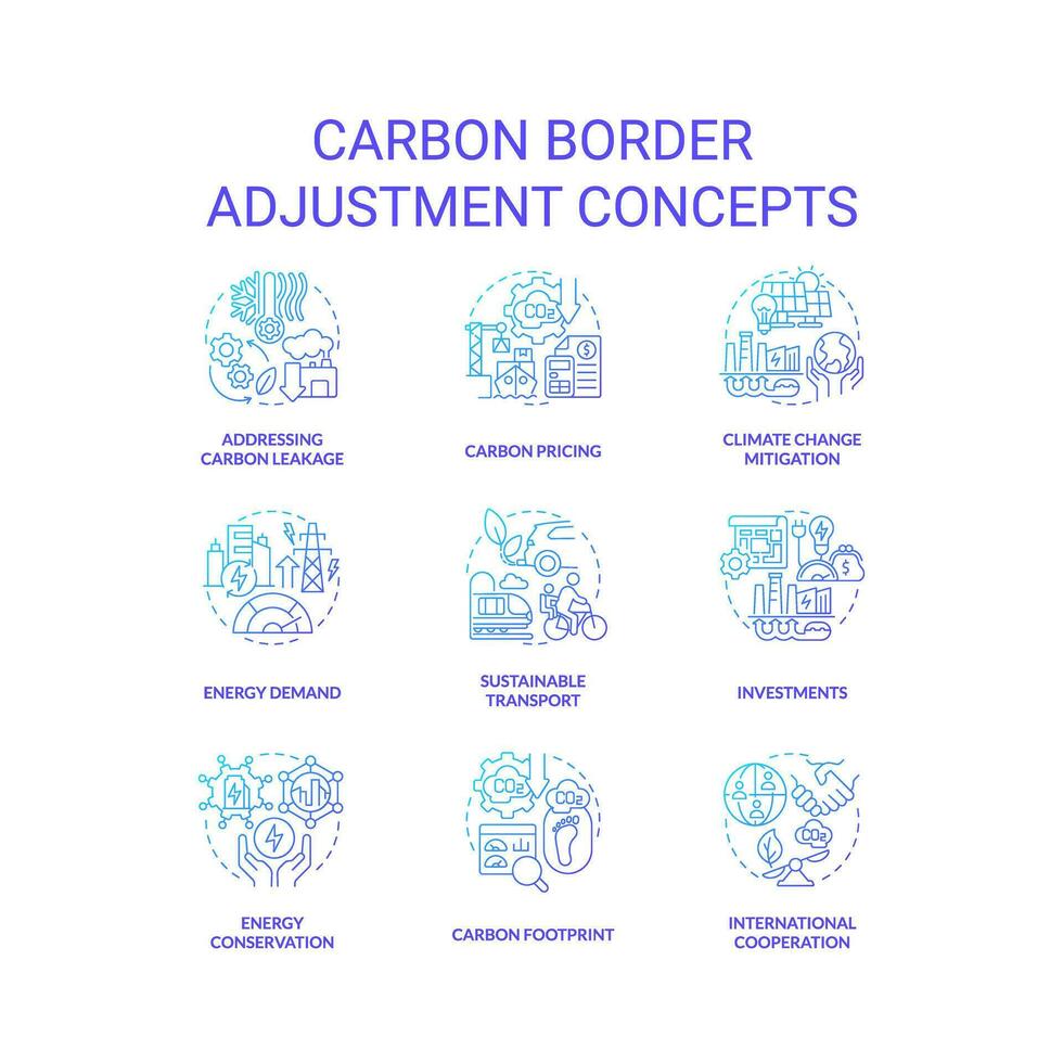 2D gradient icons set representing carbon border adjustment concepts, isolated vector, thin line illustration. vector