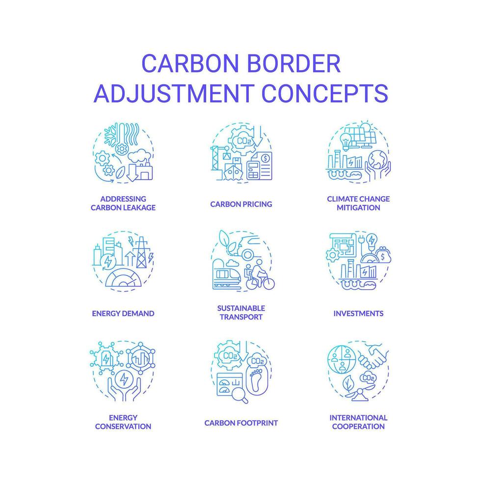 2d degradado íconos conjunto representando carbón frontera ajustamiento conceptos, aislado vector, Delgado línea ilustración. vector