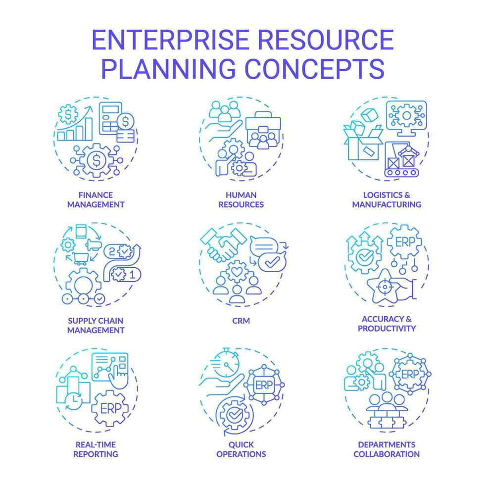 2D gradient icons set representing enterprise resource planning concepts, isolated vector, thin line illustration. vector