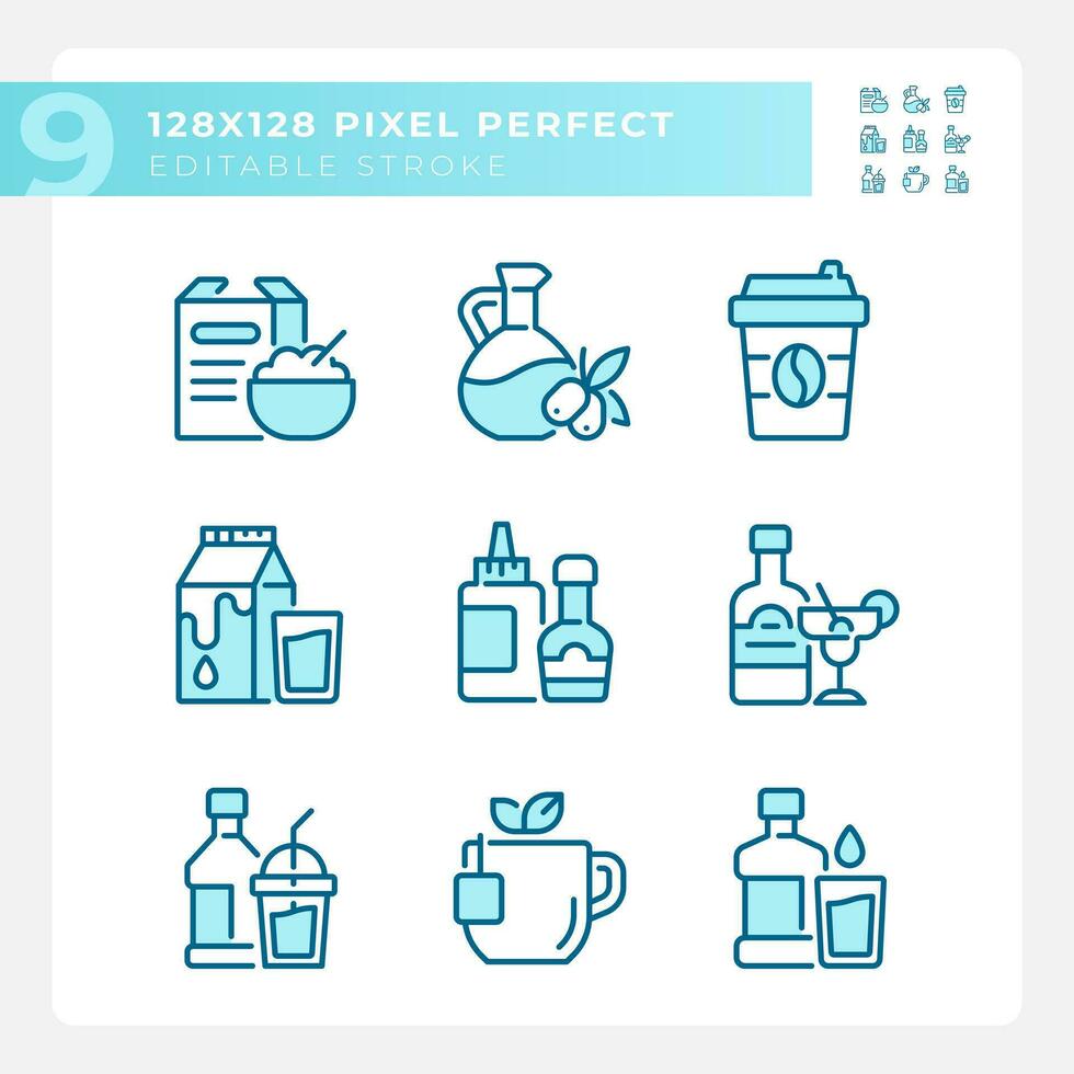 Grocery shopping pixel perfect blue RGB color icons set. Food retail. Eats and beverages. Convenience store. Isolated vector illustrations. Simple filled line drawings collection. Editable stroke