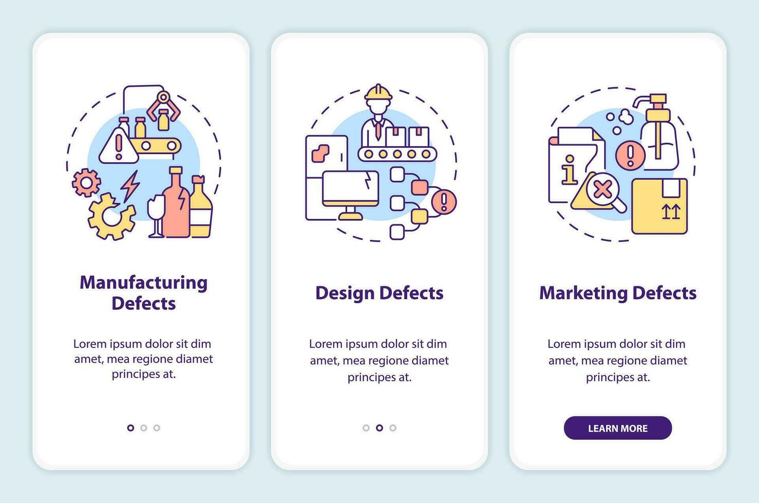 2D icons representing product liability mobile app screen set. Walkthrough 3 steps multicolor graphic instructions with thin line icons concept, UI, UX, GUI template. vector