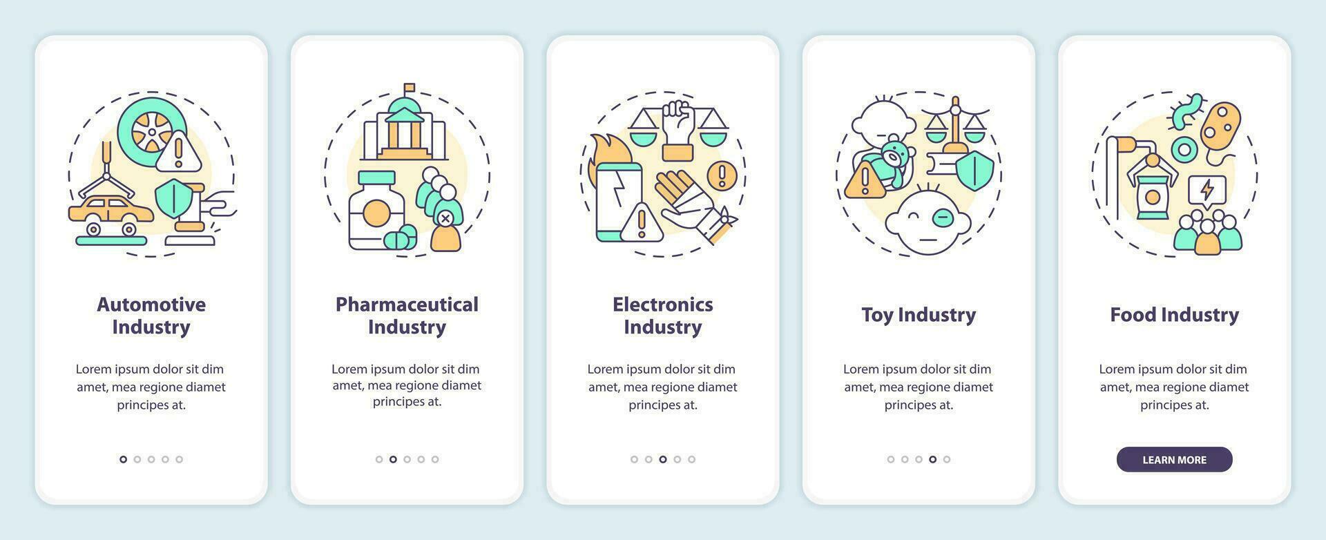 2D icons representing product liability mobile app screen set. Walkthrough 5 steps multicolor graphic instructions with thin line icons concept, UI, UX, GUI template. vector
