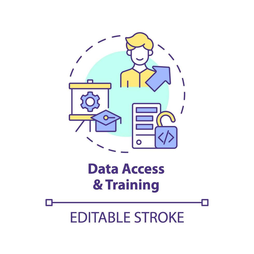 Editable data access and training concept thin line icon, isolated vector representing data democratization.