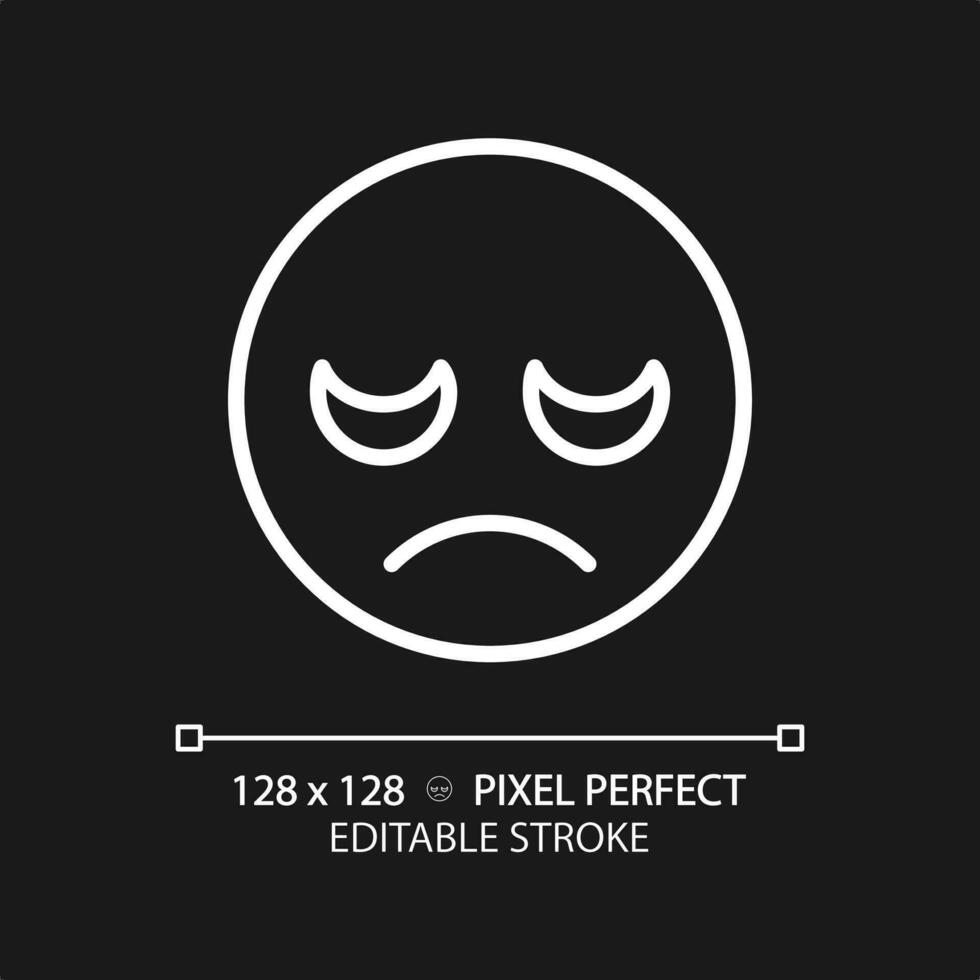 Disappointed emoji pixel perfect white linear icon for dark theme. Displeased customer feedback. Negative reaction on product. Thin line illustration. Isolated symbol for night mode. Editable stroke vector