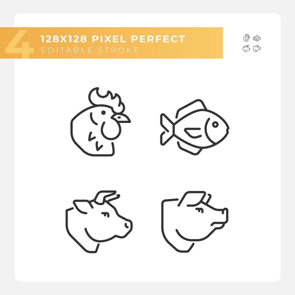 Meat and fish products pixel perfect linear icons set. Protein source. Food group. Farm animals. Customizable thin line symbols. Isolated vector outline illustrations. Editable stroke