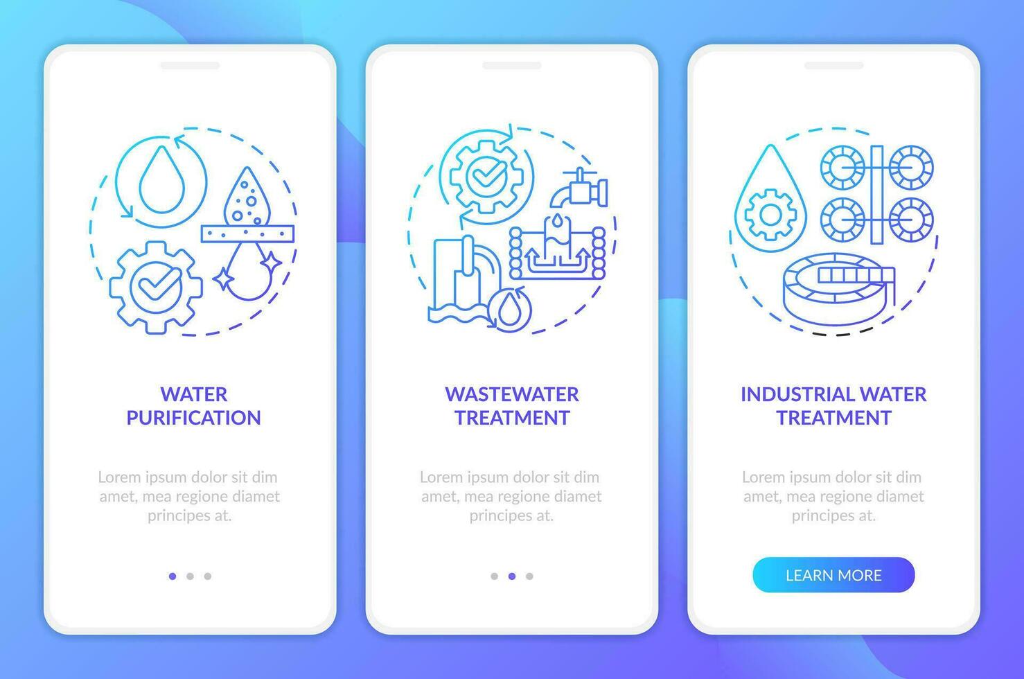 Water treatment blue gradient onboarding mobile app screen. Purification walkthrough 3 steps graphic instructions with linear concepts. UI, UX, GUI template vector