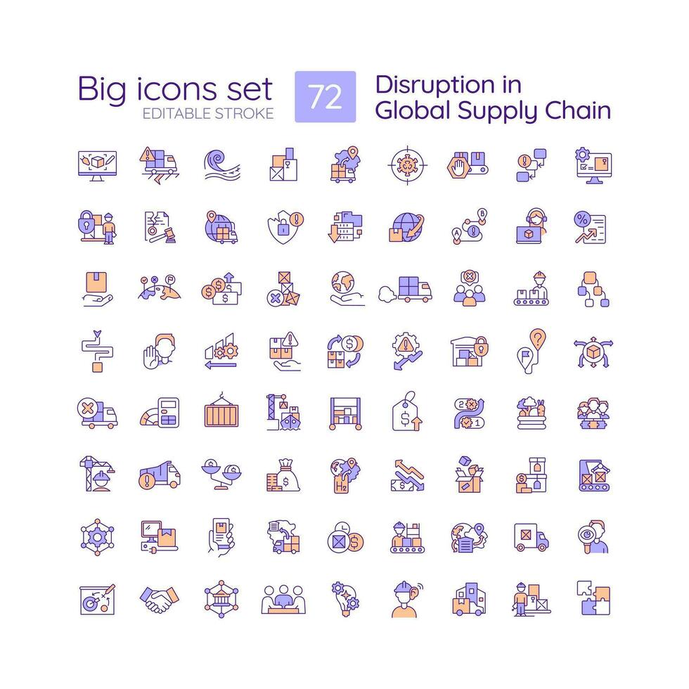 Disruption in global supply chain RGB color icons set. Distribution industry issues. Logistic service. Isolated vector illustrations. Simple filled line drawings collection. Editable stroke