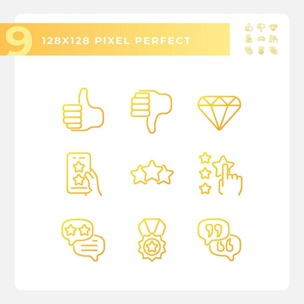 Customer rating pixel perfect gradient linear vector icons set. Client feedback about product. Business ranking. Thin line contour symbol designs bundle. Isolated outline illustrations collection