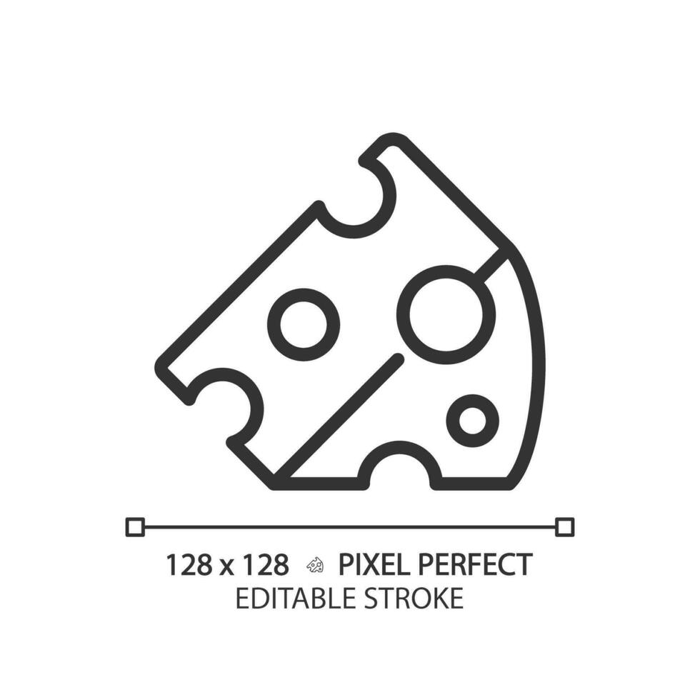 Cheese pixel perfect linear icon. Milk product. Dairy industry. Deli section. Snack flavor. Appetizer board. Thin line illustration. Contour symbol. Vector outline drawing. Editable stroke