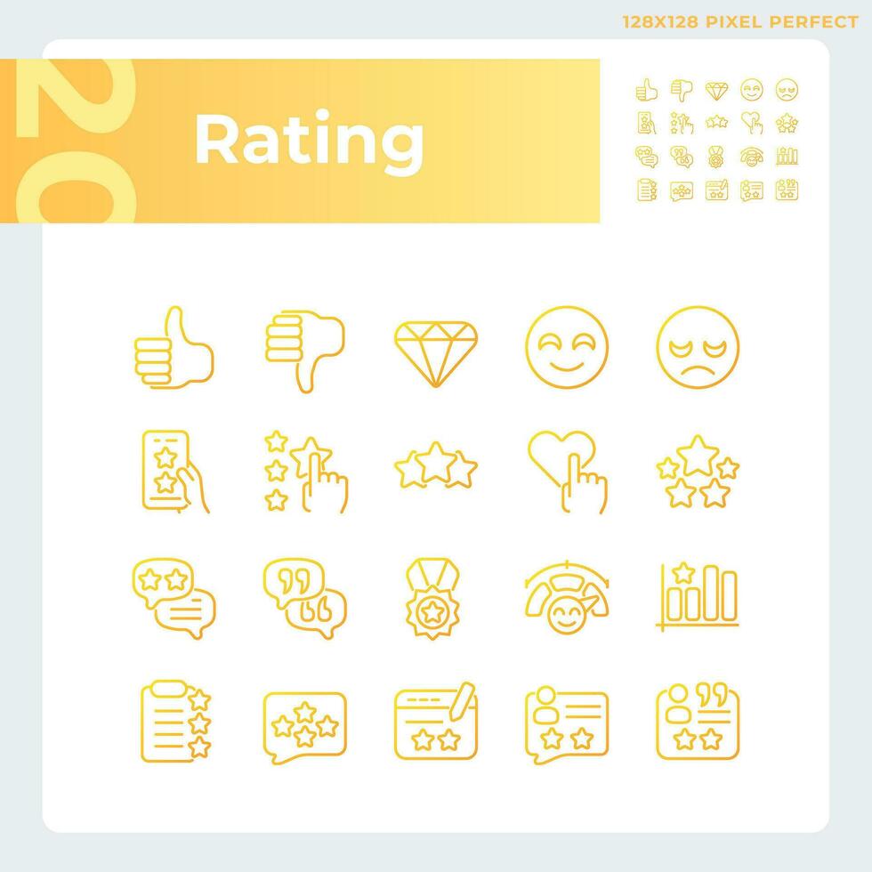 Rating pixel perfect gradient linear vector icons set. Service evaluation process. Customer experience sharing. Thin line contour symbol designs bundle. Isolated outline illustrations collection