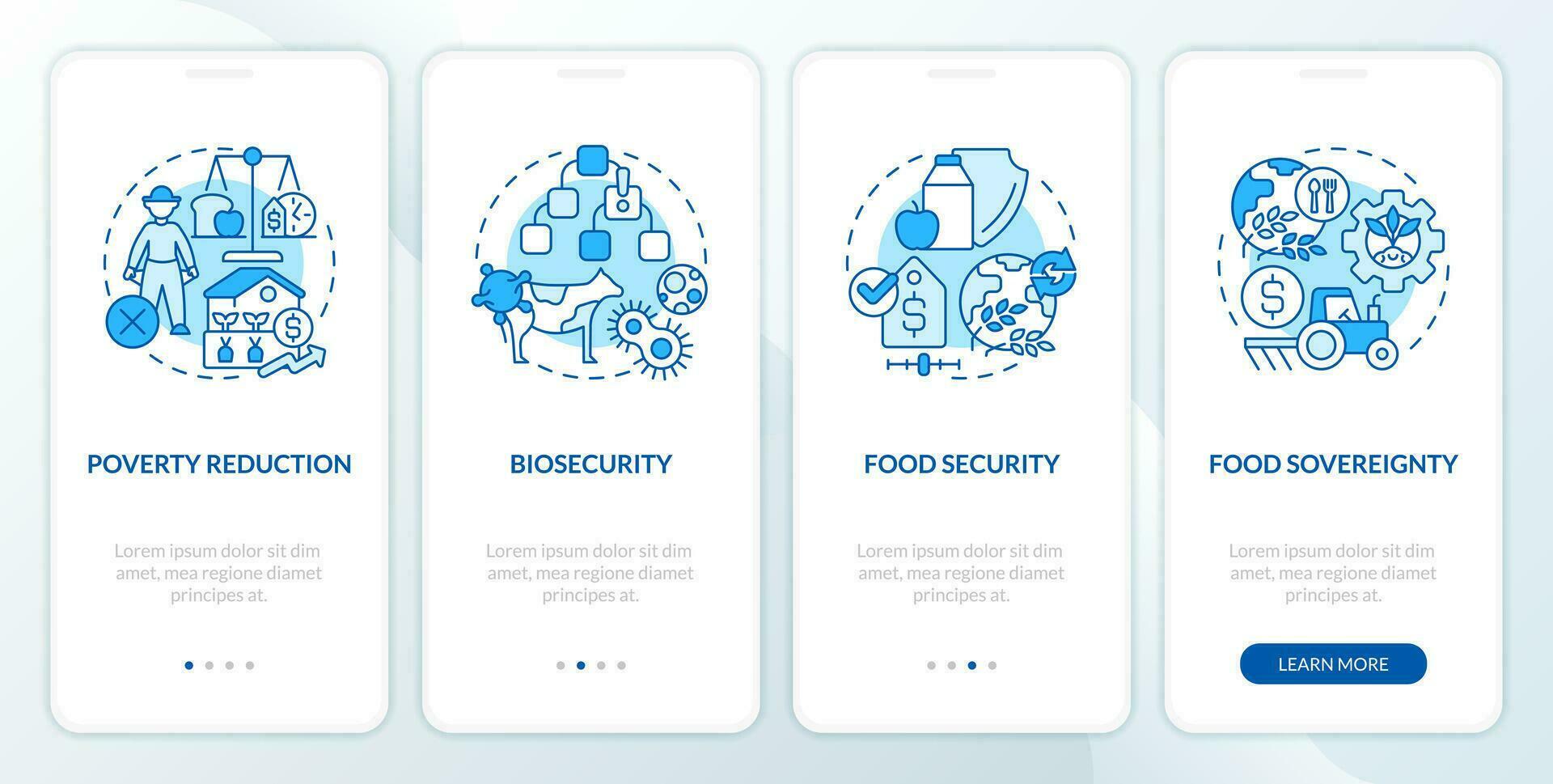 Agriculture policy concerns blue onboarding mobile app screen. Walkthrough 4 steps editable graphic instructions with linear concepts. UI, UX, GUI template vector