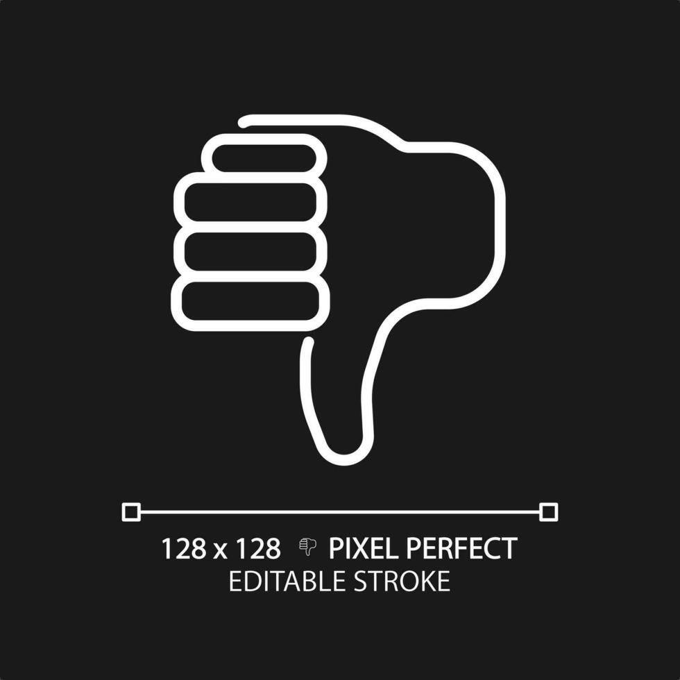 Thumbs down pixel perfect white linear icon for dark theme. Negative evaluation of product. Performing bad customer experience. Thin line illustration. Isolated symbol for night mode. Editable stroke vector