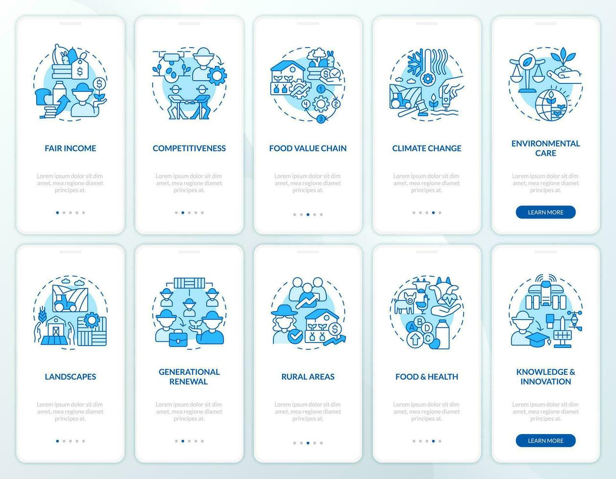 Agriculture policy interests blue onboarding mobile app screens set. Walkthrough 5 steps editable graphic instructions with linear concepts. UI, UX, GUI template vector