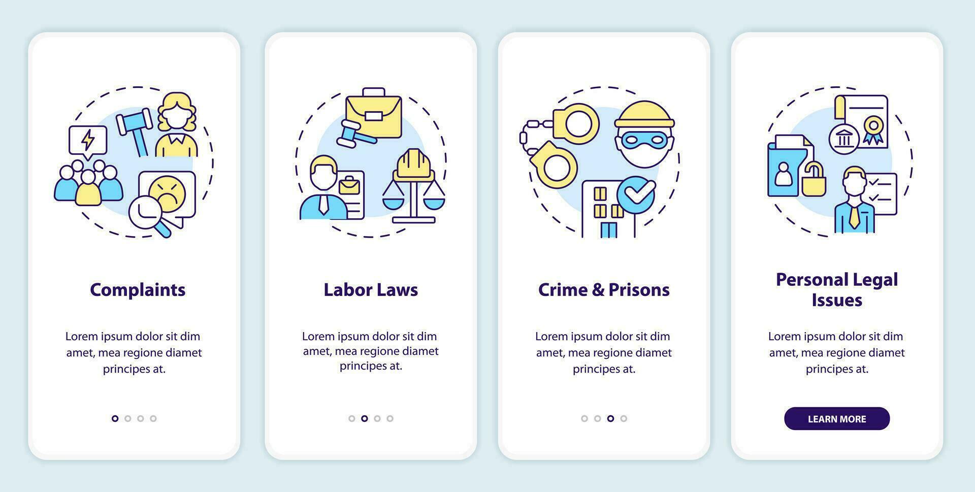 Laws and legal issues onboarding mobile app screen. Walkthrough 4 steps editable graphic instructions with linear concepts. UI, UX, GUI template vector