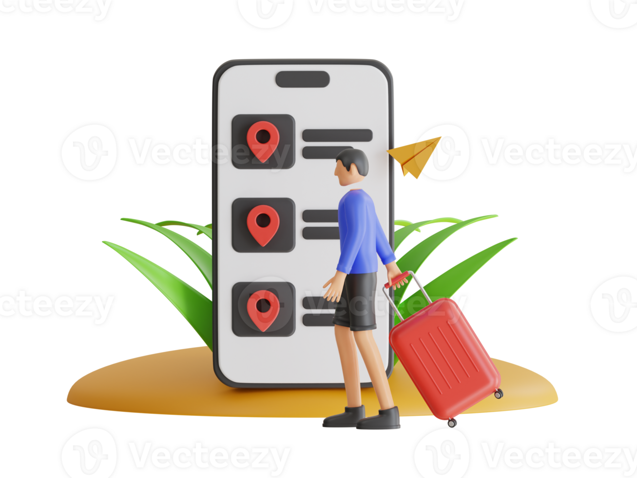 man carrying wheeled bag using smartphone to search location. Man looking for a location on his smartphone. 3d illustration png