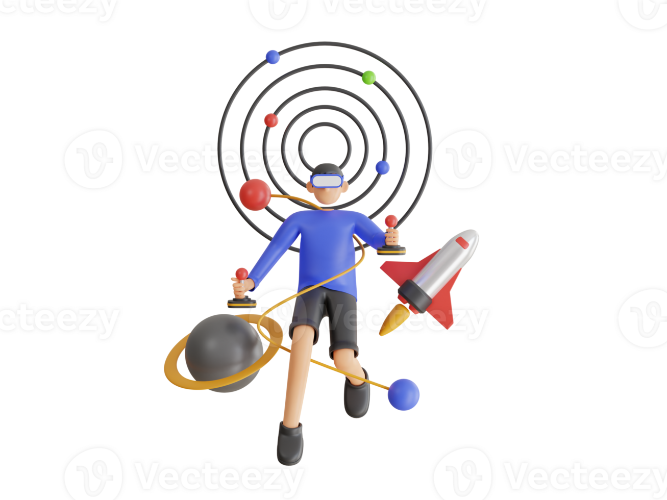 Guy wearing VR headset exploring world and galaxy. Studying Astronomy via Augmented Reality. 3d illustration png