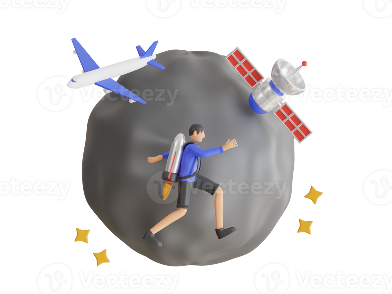 Dream to travel around the world with rocket. 3d illustration of travel around of world png