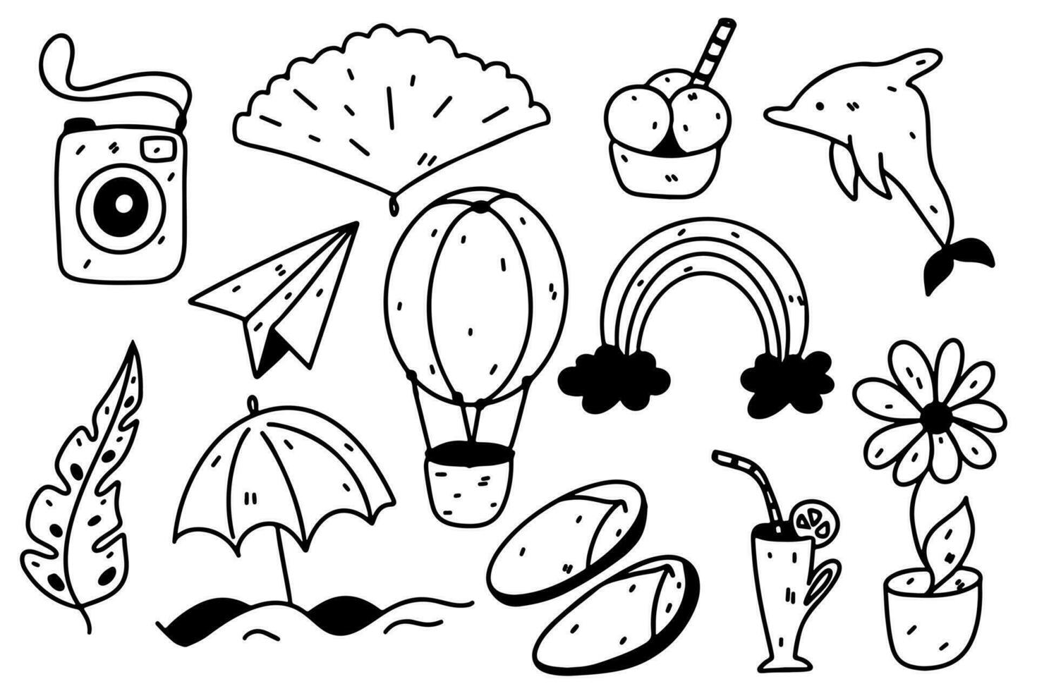 Summer time set. Hand drawn doodle style. Vector illustration isolated on white. Coloring page.