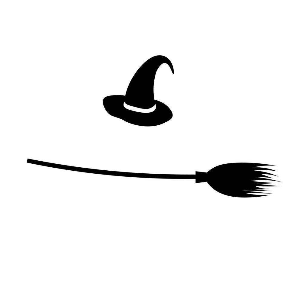 Witch's hat and broom silhouette illustration flat vector on white background. Halloween elements.