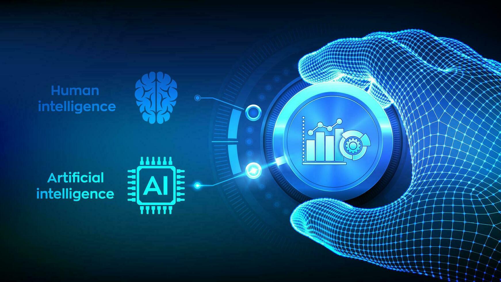 Human mind vs Artificial Intelligence digital mind. Human or AI choice concept. Wireframe hand turning a knob to switch from Human mind to Artificial Intelligence digital mind. Vector illustration.