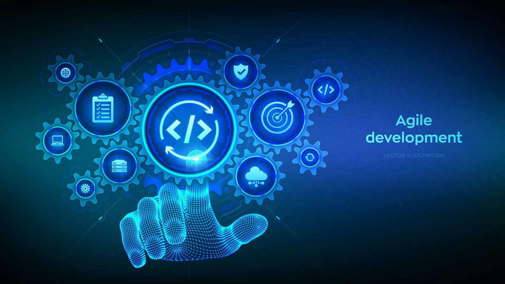 Agile development and optimisation concept. Software engineering. Software development practices methodology. Wireframe hand touching digital interface with connected gears cogs and icons. Vector. vector