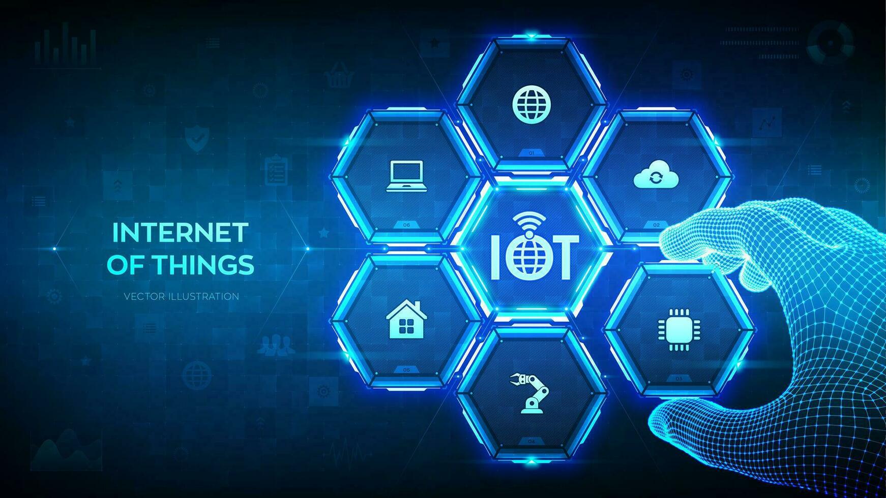 iot Internet de cosas. todo conectividad dispositivo concepto red, y negocio con Internet. estructura metálica mano lugares un elemento dentro un composición visualizante iot vector ilustración.