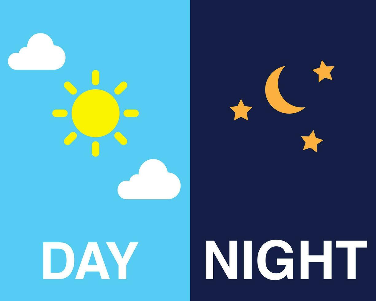 Illustration of day and night sky with sun, clouds, moon and stars. Weather app screen, mobile interface design vector