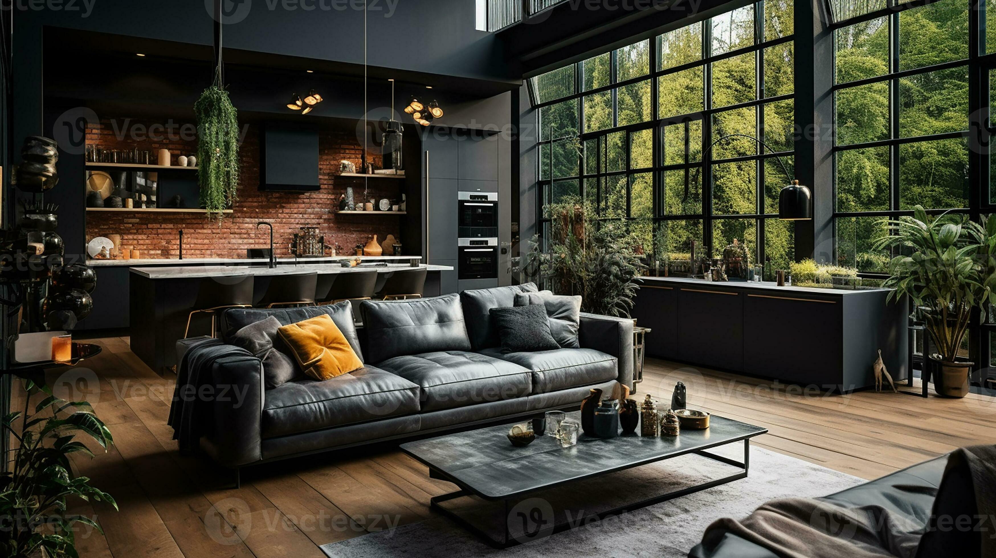 Modern interior design, kitchen and bright, spacious room with a  comfortable sofa, plants and elegant accessories, black walls, parquet  floor. Generative AI 31210580 Stock Photo at Vecteezy