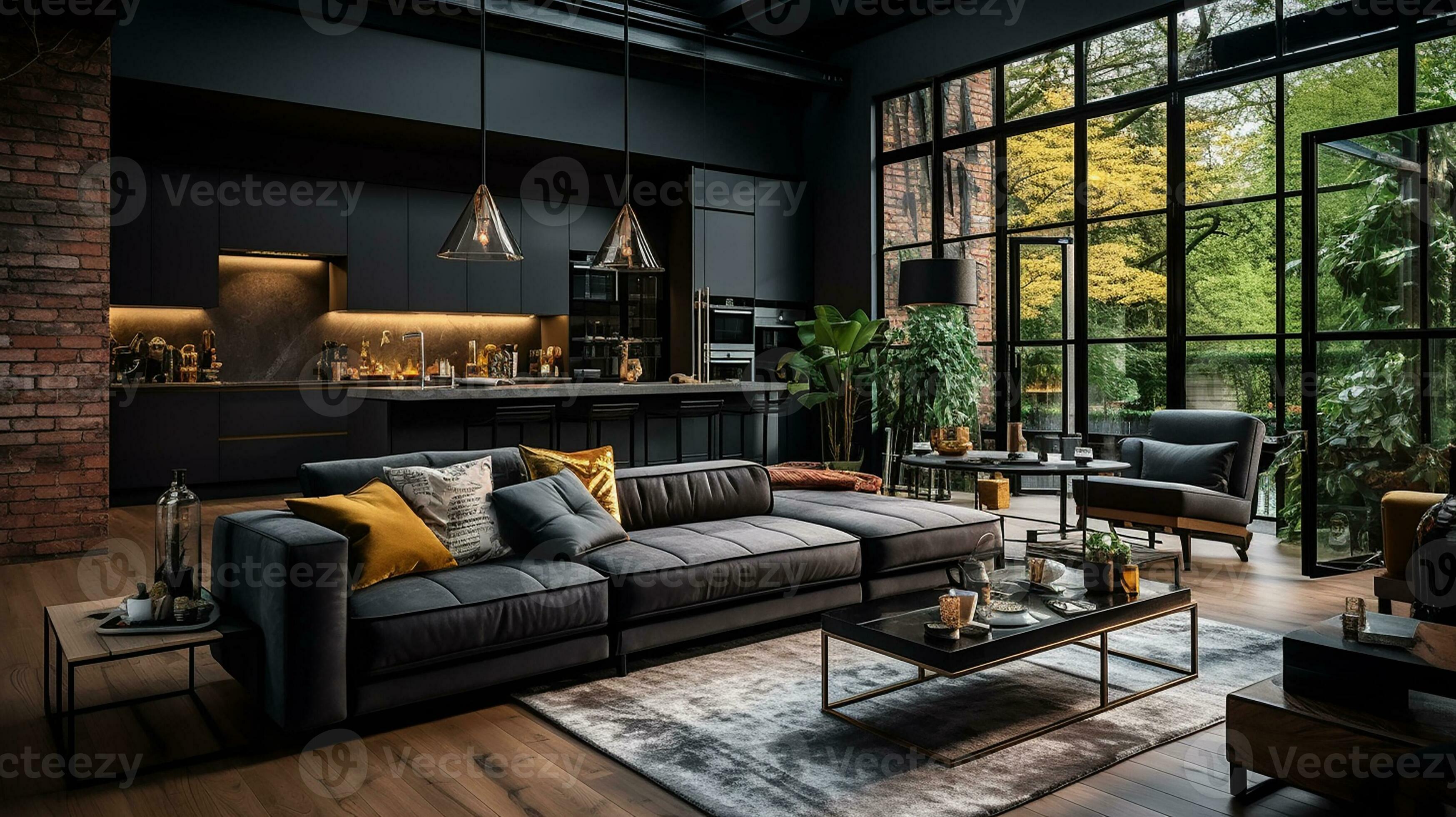Modern interior design, kitchen and bright, spacious room with a  comfortable sofa, plants and elegant accessories, black walls, parquet  floor. Generative AI 31210580 Stock Photo at Vecteezy