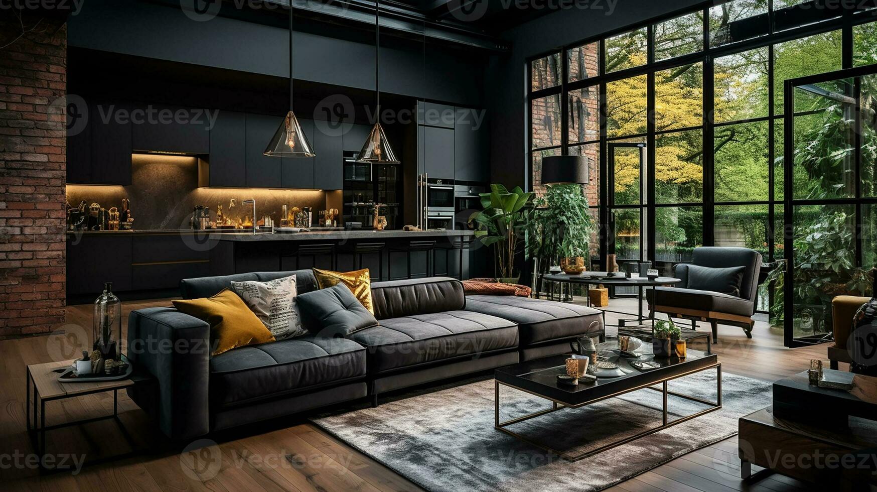 Modern interior design, kitchen and bright, spacious room with a  comfortable sofa, plants and elegant accessories, black walls, parquet  floor. Generative AI 28297713 Stock Photo at Vecteezy