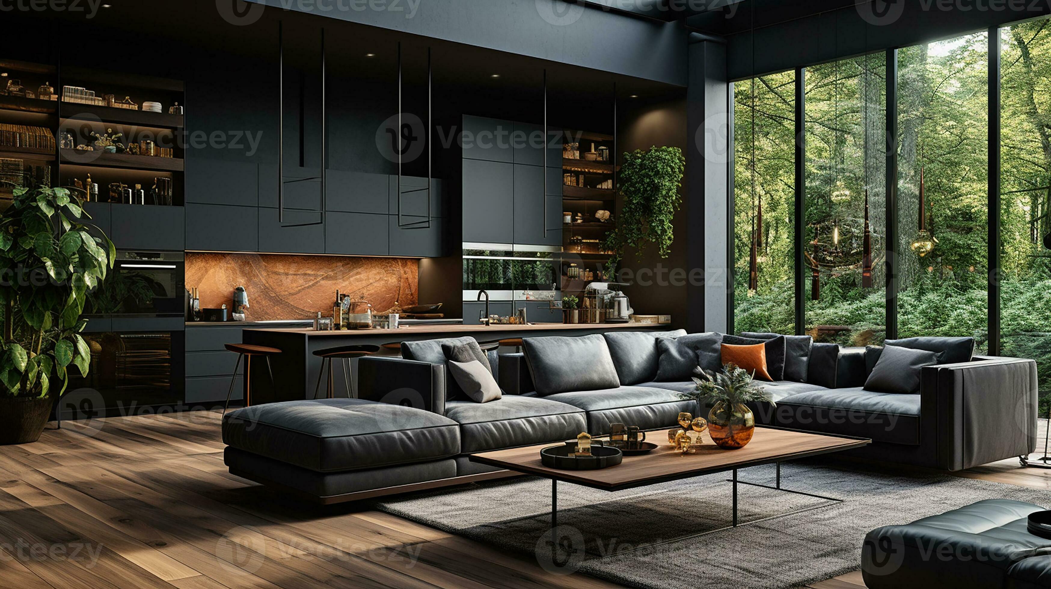 Modern interior design, kitchen and bright, spacious room with a comfortable  sofa, plants and elegant accessories, black walls, parquet floor.  Generative AI 28297714 Stock Photo at Vecteezy