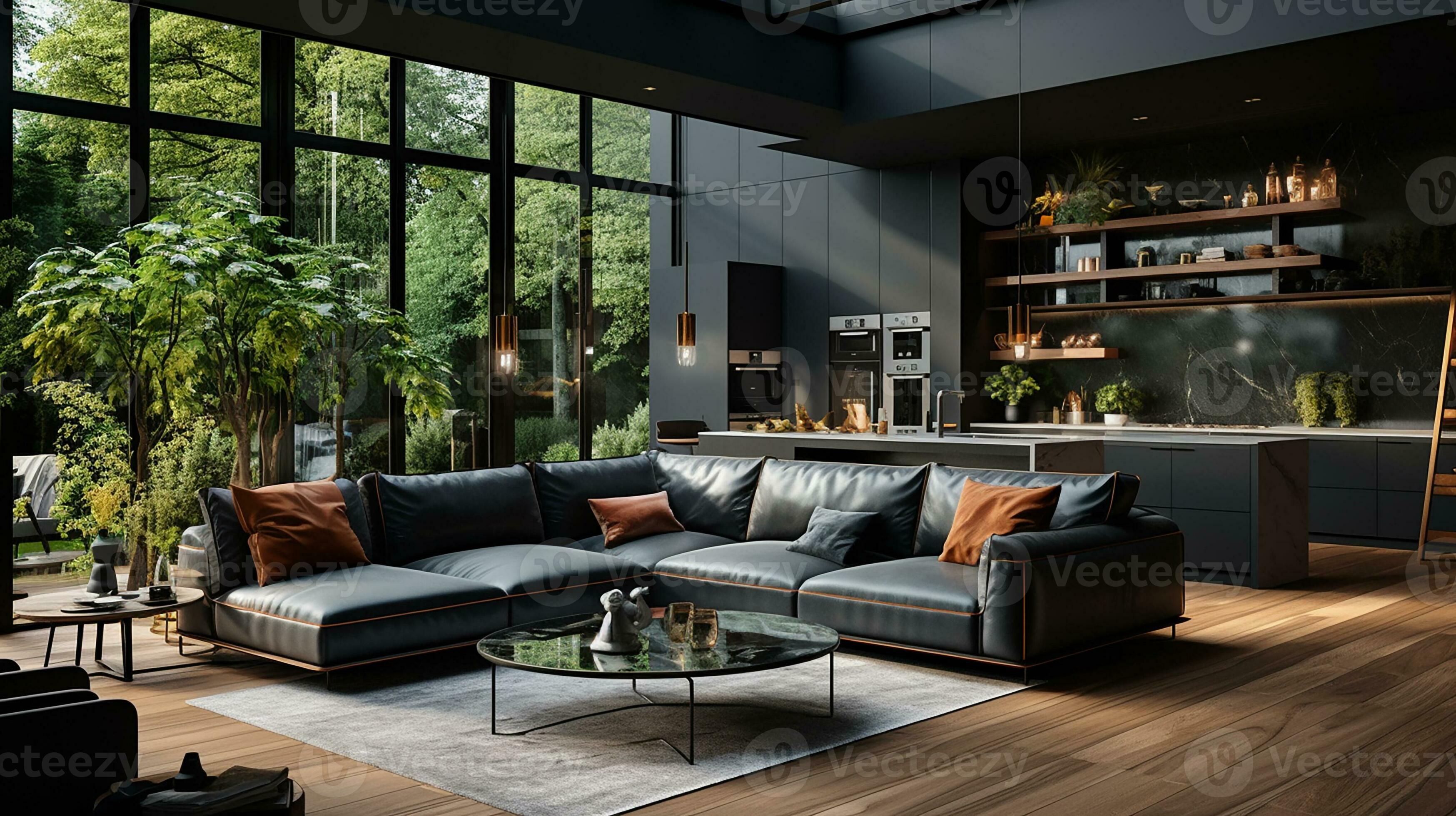Modern interior design, kitchen and bright, spacious room with a  comfortable sofa, plants and elegant accessories, black walls, parquet  floor. Generative AI 28297716 Stock Photo at Vecteezy