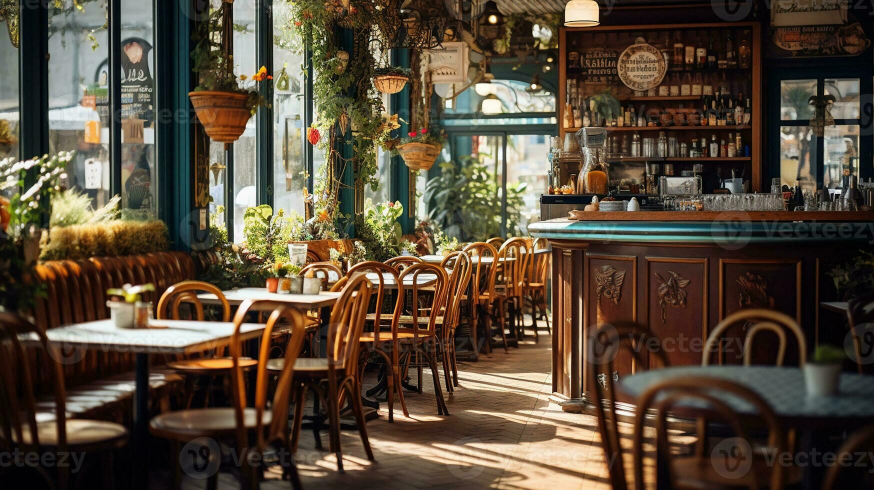Cozy cafe bistro with blurred background and wooden montage. Generative