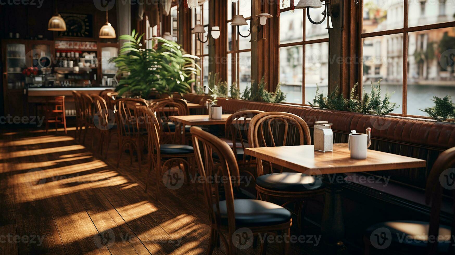 Cozy cafe bistro with blurred background and wooden montage. Generative AI photo