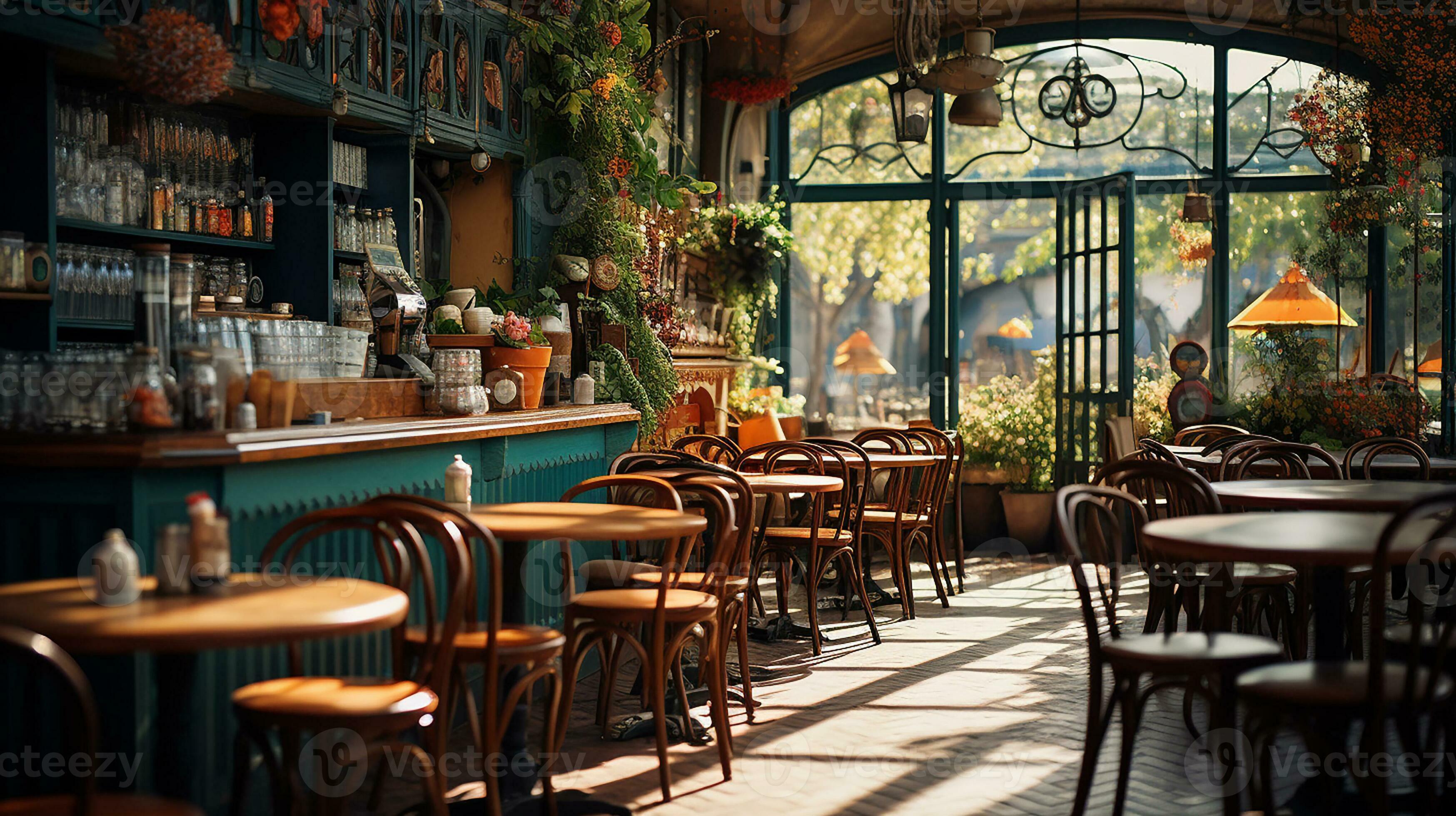 Cozy cafe bistro with blurred background and wooden montage. Generative