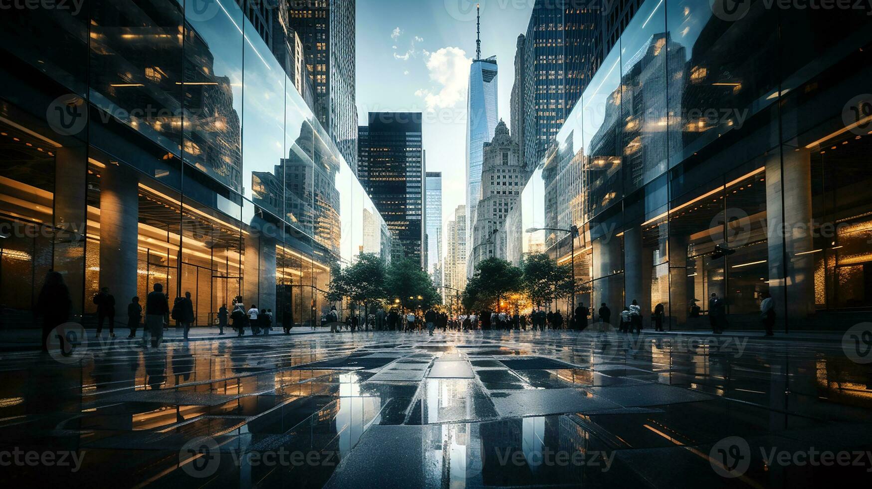 Reflective skyscrapers, business office buildings. low angle view of skyscrapers in city, sunny day. Business wallpaper with modern high-rises with mirrored windows. Generative AI photo