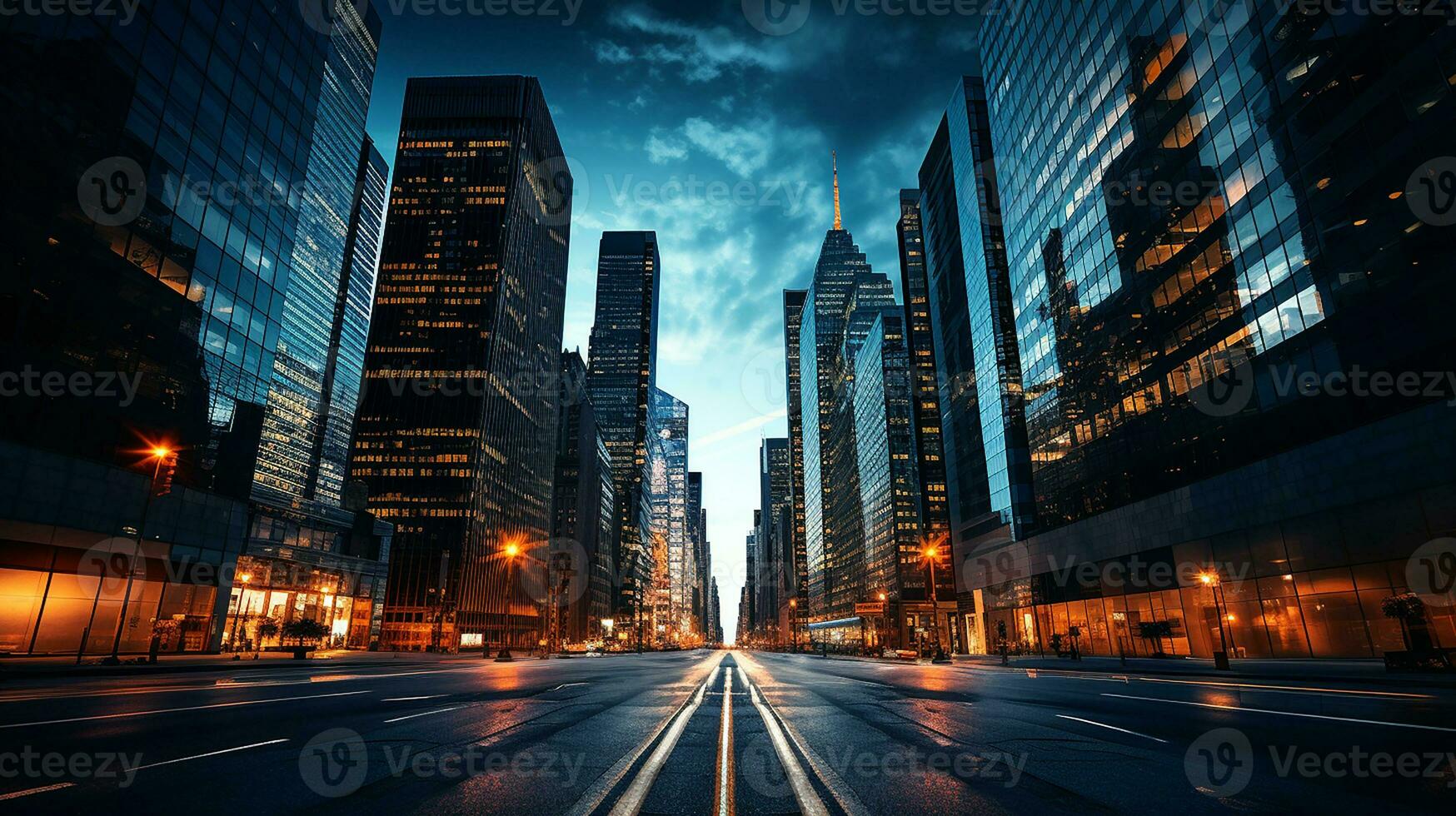 Reflective skyscrapers, business office buildings. low angle view of skyscrapers in city, sunny day. Business wallpaper with modern high-rises with mirrored windows. Generative AI photo