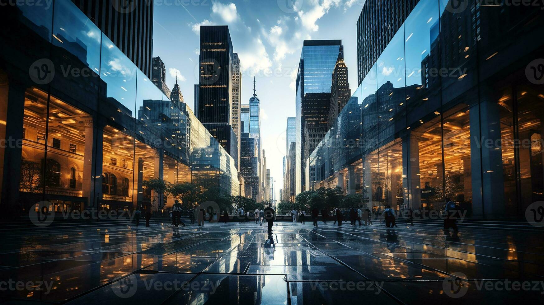 Reflective skyscrapers, business office buildings. low angle view of skyscrapers in city, sunny day. Business wallpaper with modern high-rises with mirrored windows. Generative AI photo