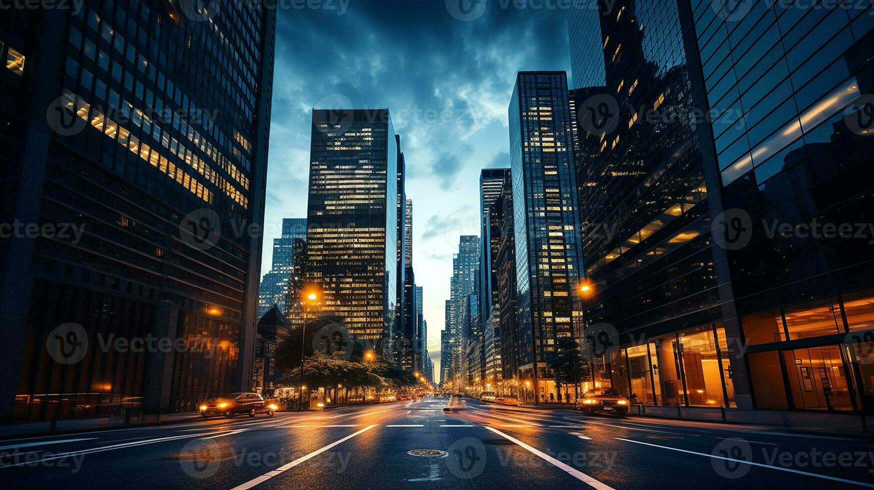 Reflective skyscrapers, business office buildings. low angle view of skyscrapers in city, sunny day. Business wallpaper with modern high-rises with mirrored windows. Generative AI photo